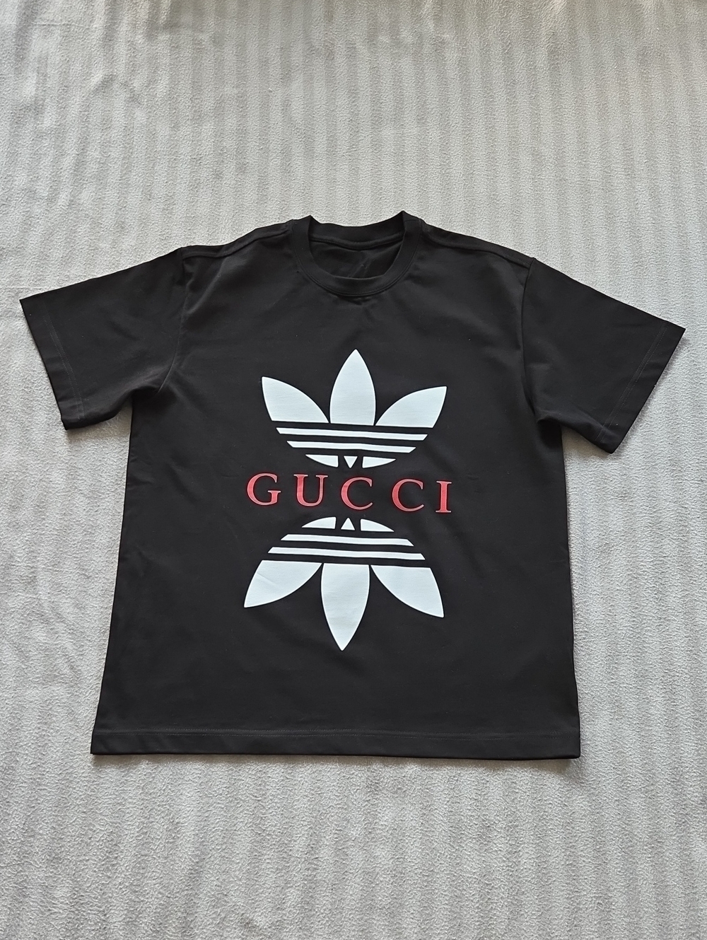 Gucci Black Tee with White Graphic and Red Logo